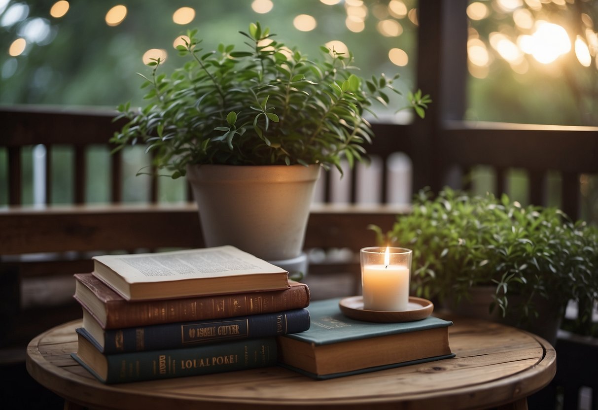 A wicker side table adorned with a potted plant and a stack of books, set against a backdrop of a cozy porch with hanging string lights