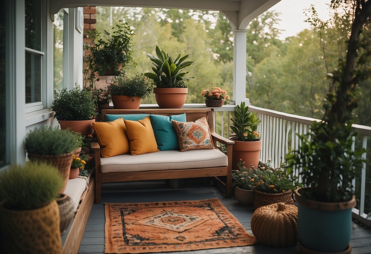 A porch with a cozy seating area, adorned with earthy tones and pops of vibrant colors in the form of throw pillows, rugs, and potted plants