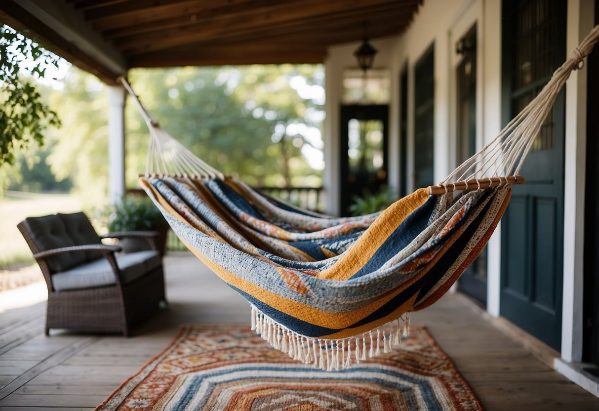 A cozy porch adorned with colorful throw pillows, a soft knitted blanket, and a woven rug. A hammock draped with a patterned quilt adds a touch of comfort and warmth to the space