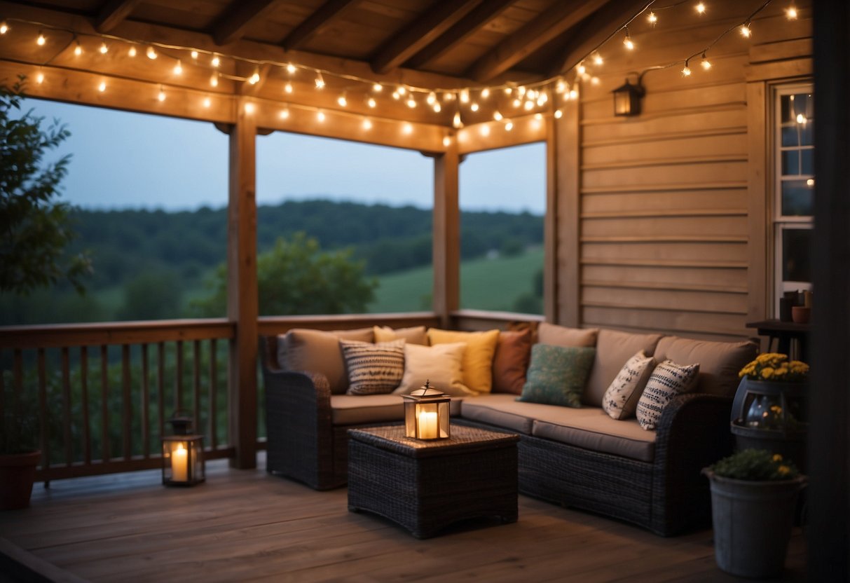 Soft, warm string lights hang above a cozy porch seating area. A flickering candle lantern adds a romantic touch. The glow creates a welcoming and relaxed ambiance for outdoor gatherings