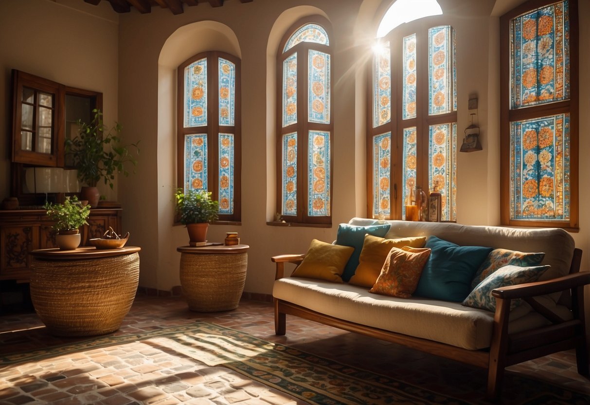 A cozy living room with traditional Portuguese tiles, rustic wooden furniture, and colorful ceramic decor. Sunlight streams in through the window, casting a warm glow on the space