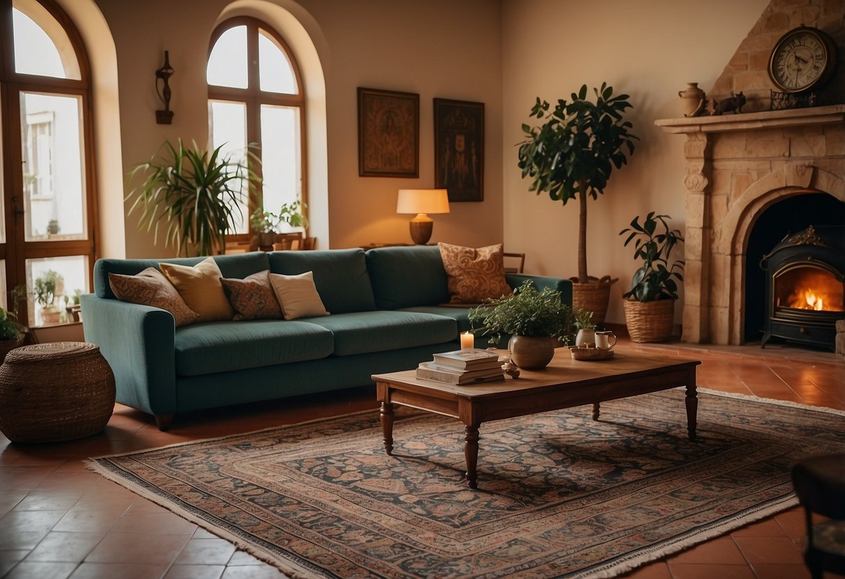 A cozy living room with a large Arraiolos rug as the focal point, complemented by traditional Portuguese decor and colorful accents