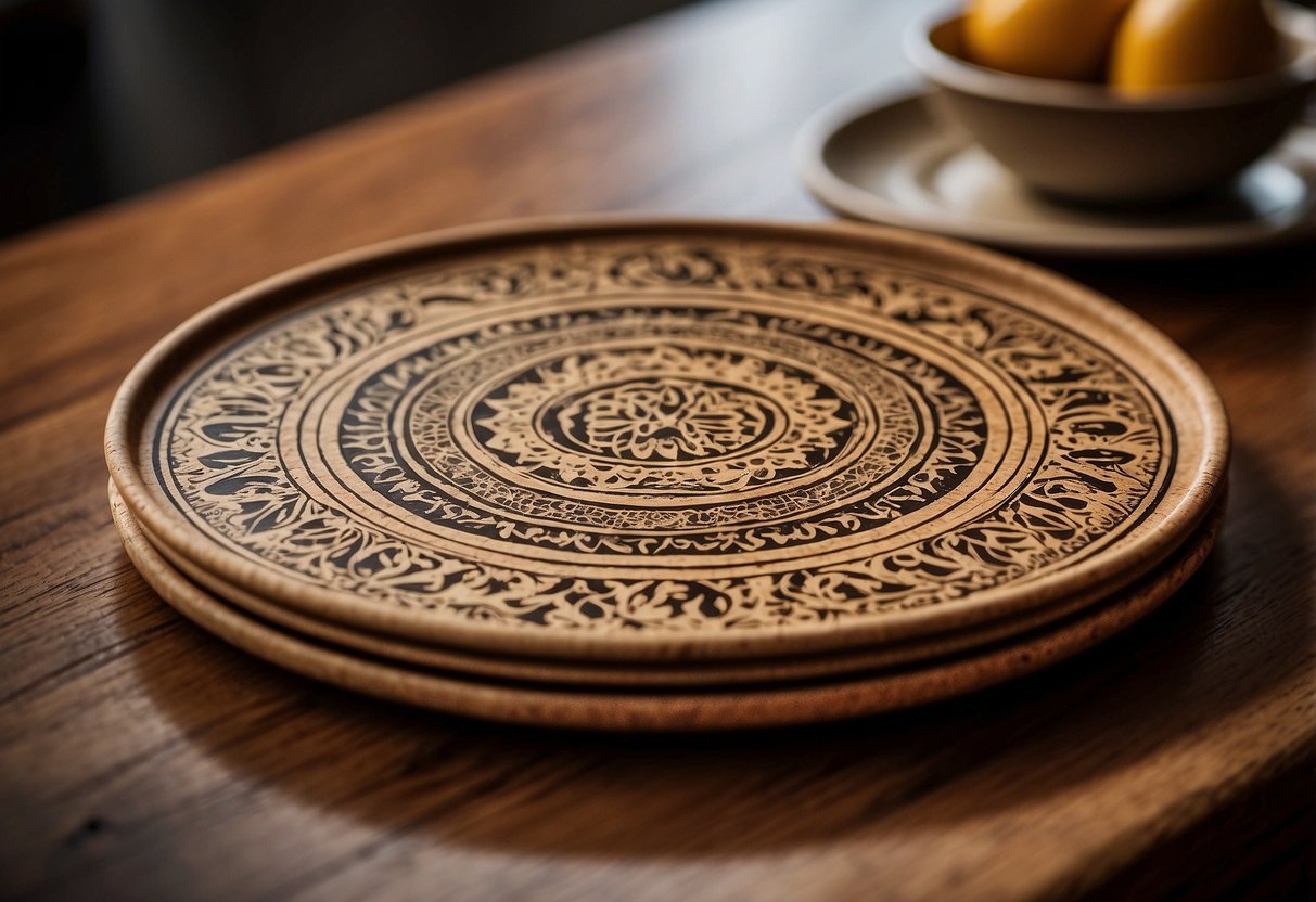 A table set with cork coasters, featuring traditional Portuguese designs and patterns, adding a touch of rustic charm to the home decor