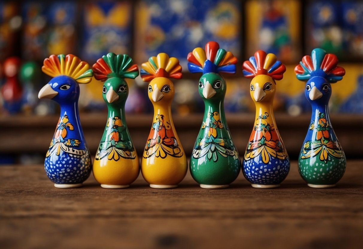 Colorful Galo de Barcelos figurines arranged on a rustic wooden shelf with traditional Portuguese tiles as a backdrop