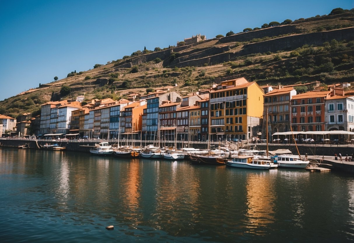 Colorful buildings lining the Ribeira waterfront, with boats on the Douro River and a clear blue sky above