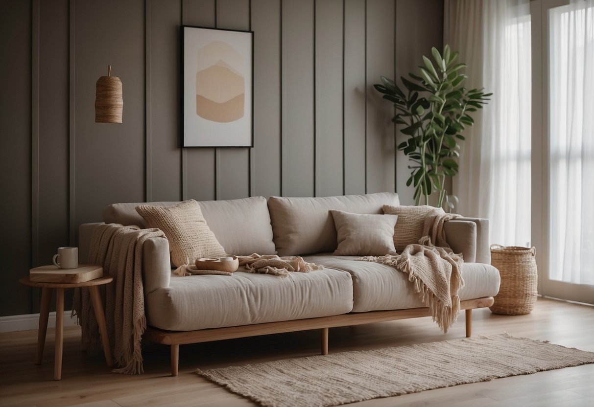 A cozy living room with a handwoven linen throw draped over a neutral-colored sofa, complemented by natural wood and ceramic decor