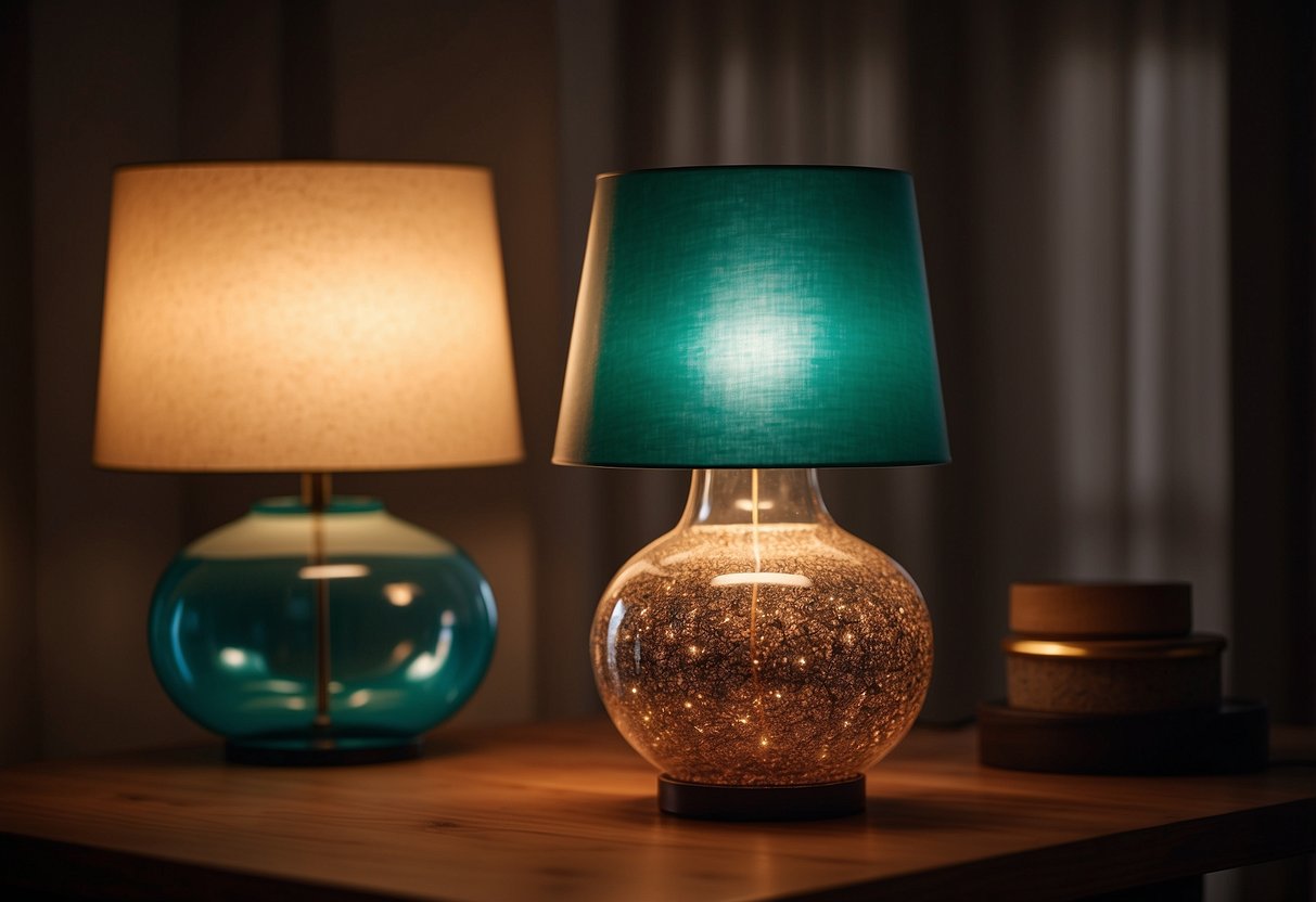 A modern lucite and cork lamp sits on a sleek wooden table, casting a warm glow in a stylish Portuguese home