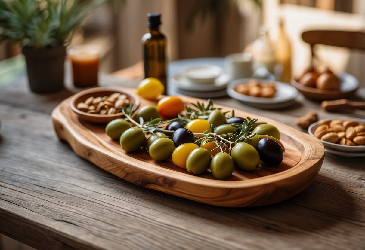 A rustic olive wood serving platter sits on a table, adorned with colorful Portuguese home decor items