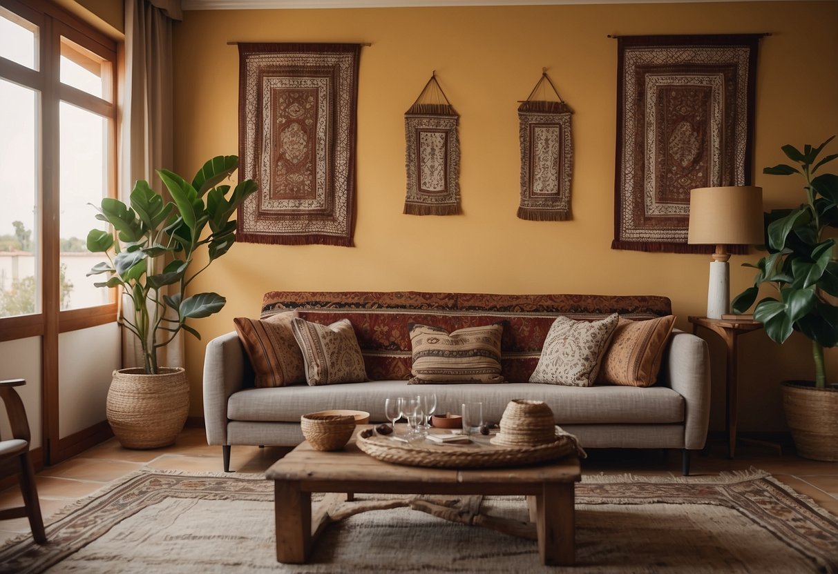 A cozy living room with traditional Portuguese textiles adorning the walls and furniture, creating a warm and inviting atmosphere