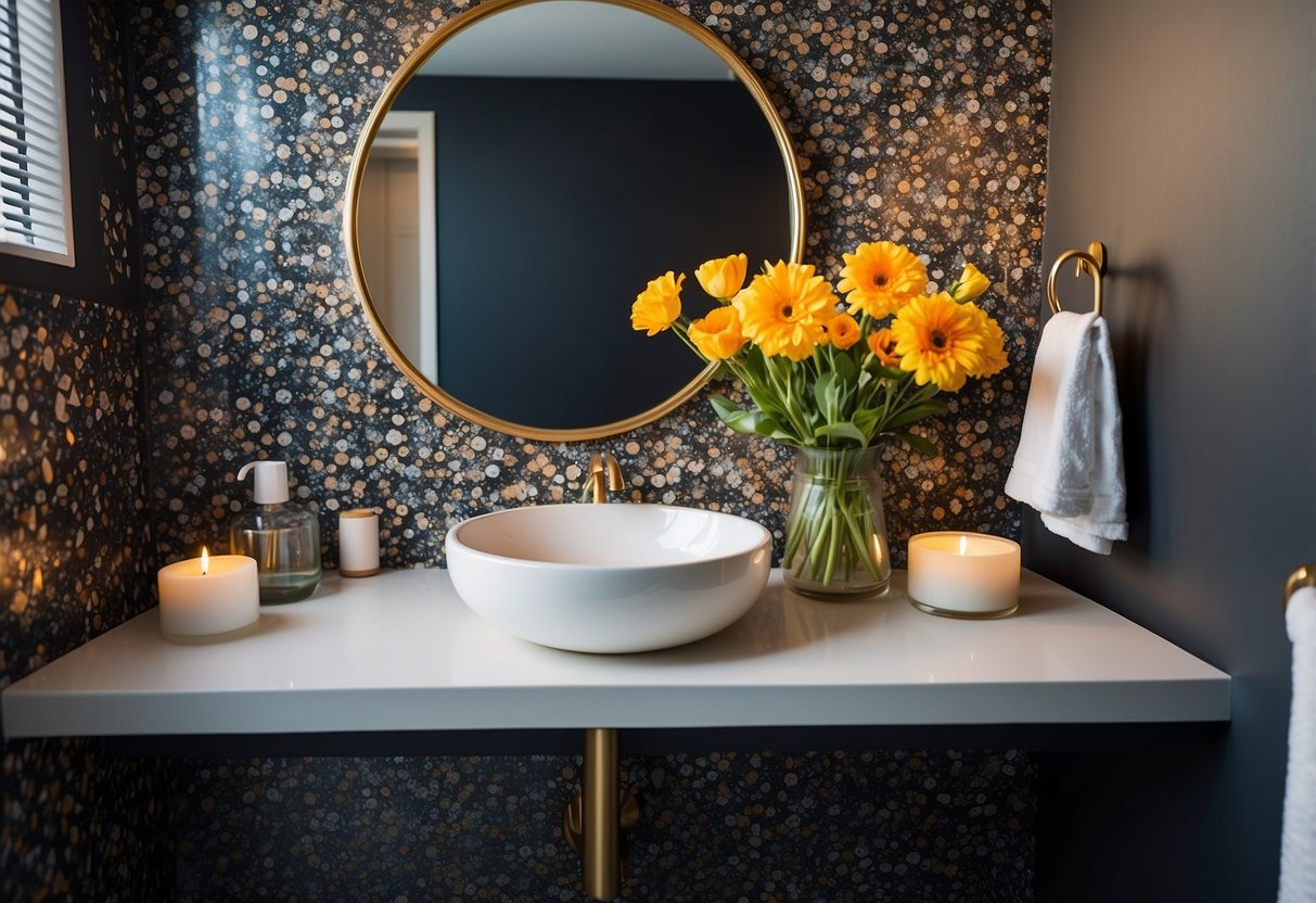 A small powder room with a modern sink, decorative mirror, and bold wallpaper. A vase of fresh flowers sits on the countertop, adding a pop of color