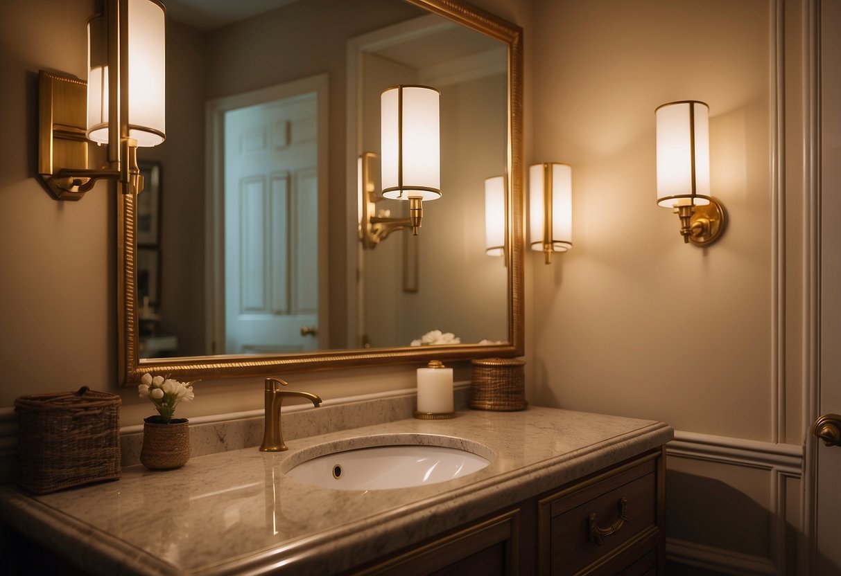 A vintage gold mirror hangs above a sleek sink in a powder room, reflecting the warm glow of the sconce lights and adding a touch of elegance to the space