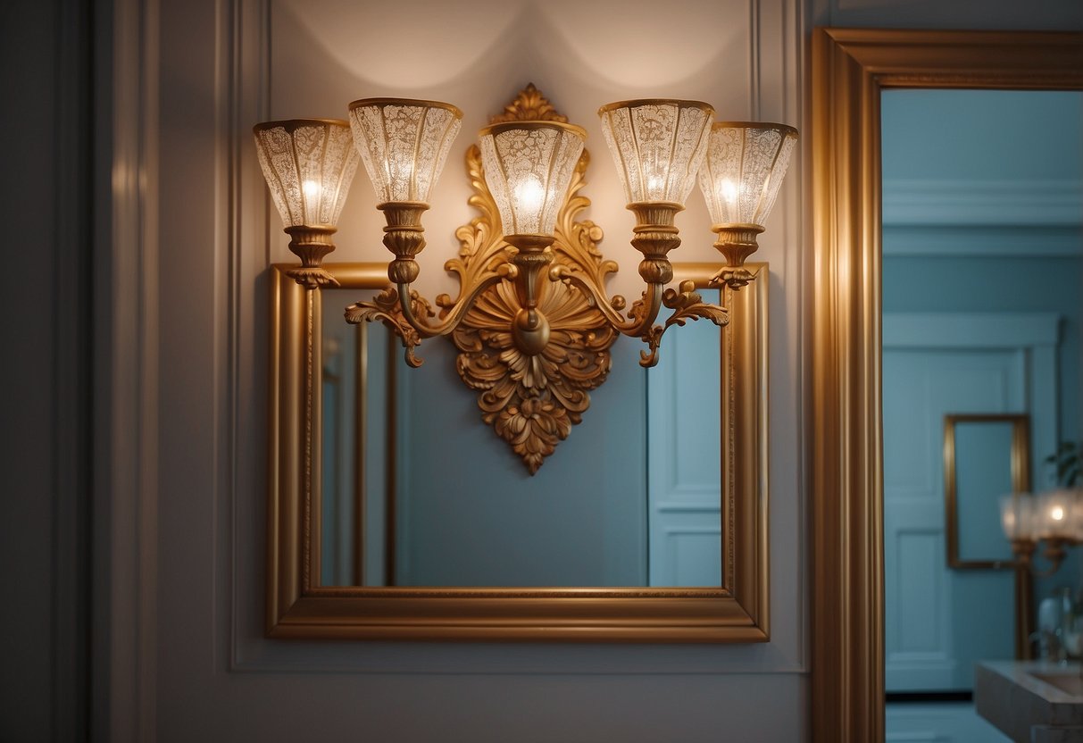 Two ornate wall sconces illuminate a stylish powder room, adding a touch of elegance to the decor