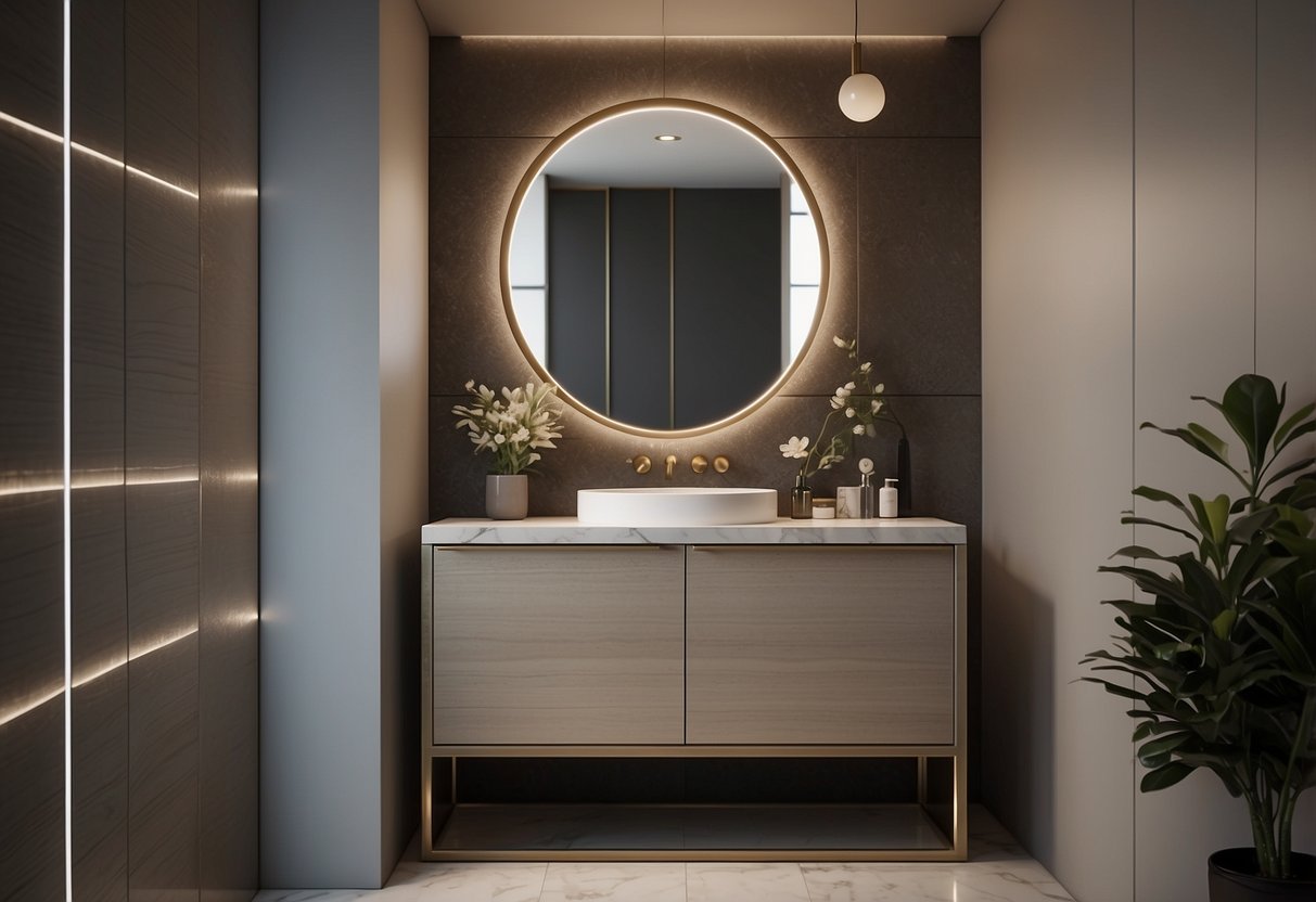 A sleek, modern vanity cabinet with a large mirror, minimalistic decor, and soft lighting in a small powder room