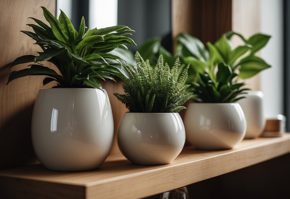 Lush green plants sit in ceramic pots on a wooden shelf, adding a natural touch to a modern powder room