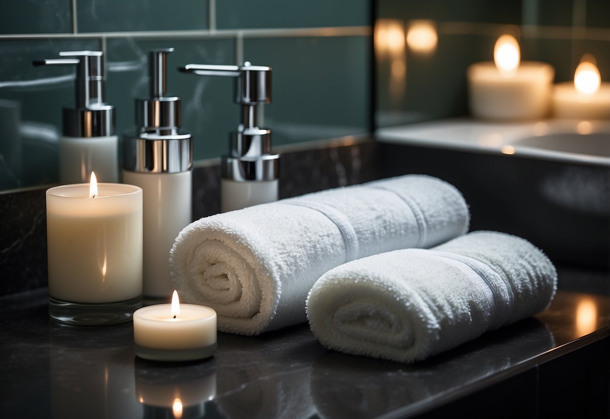 A set of designer hand towels neatly folded on a sleek bathroom counter, surrounded by luxurious soap dispensers and a fragrant candle