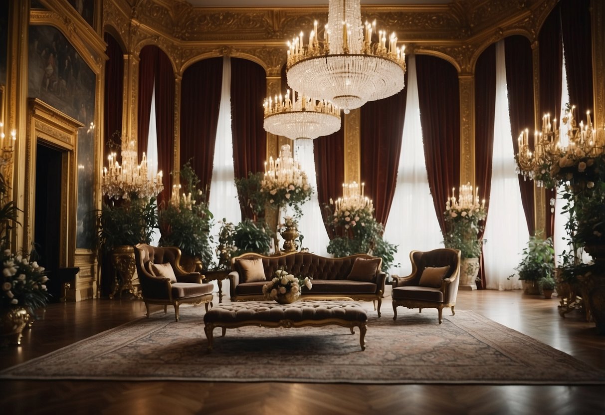 A grand castle with ornate chandeliers, velvet drapes, and gilded furniture. A regal throne sits in the center, surrounded by opulent tapestries and elegant floral arrangements