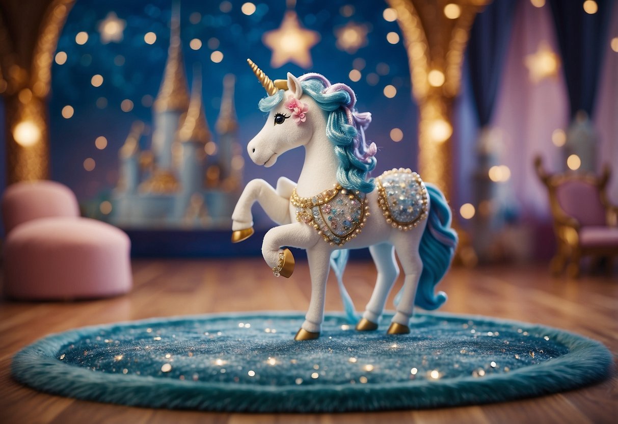 A majestic unicorn rug adorns a princess's room, surrounded by glittering stars and a whimsical castle backdrop