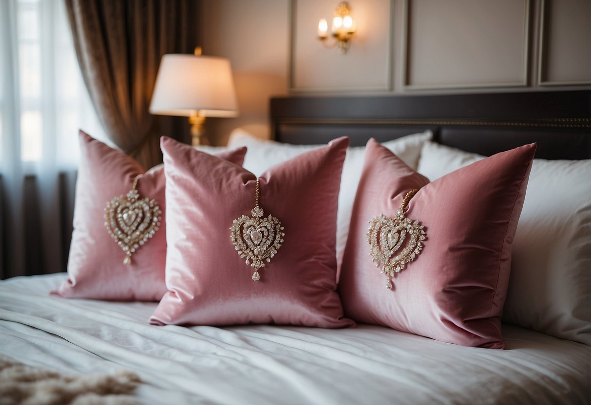 Three pink crown throw pillows arranged on a luxurious bed with elegant drapes and a sparkling chandelier overhead