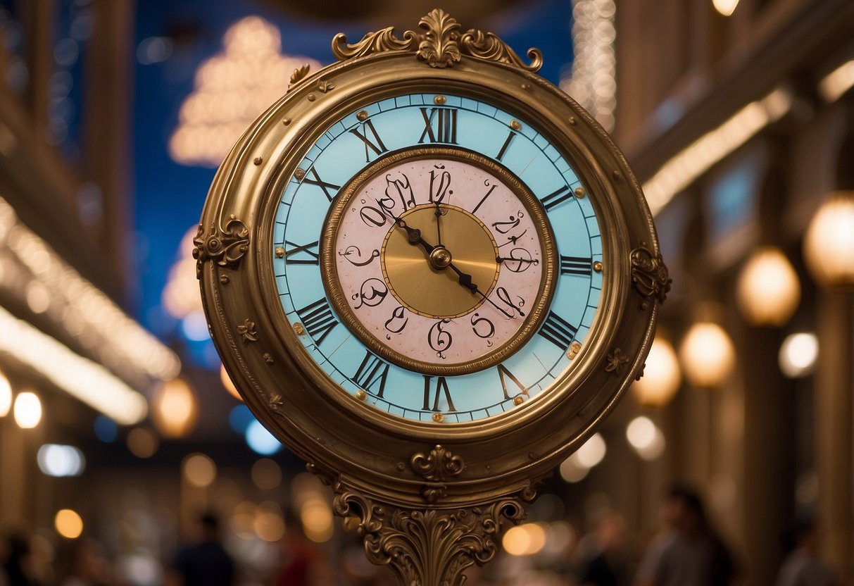 A grand clock adorned with Disney princess motifs, surrounded by twinkling lights and pastel-colored decor