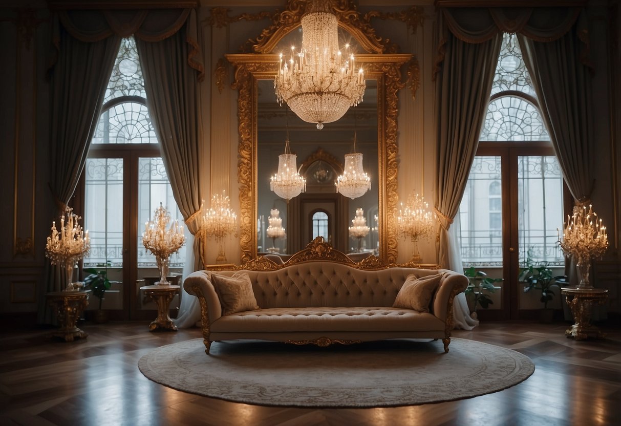 A grand mirror reflects a princess's royal chamber with ornate furniture, delicate drapes, and twinkling fairy lights