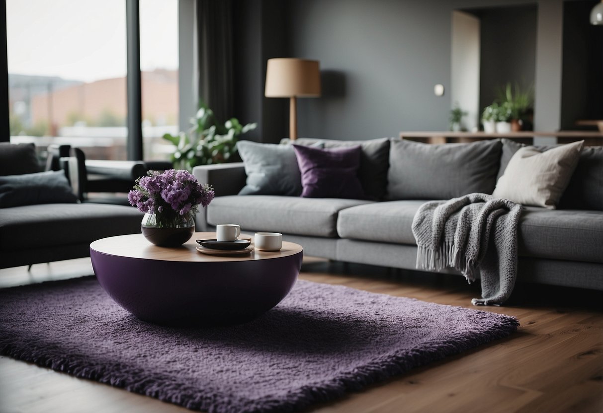 A living room with a purple rug, grey couch, and accent pillows. A purple vase with grey flowers sits on a coffee table