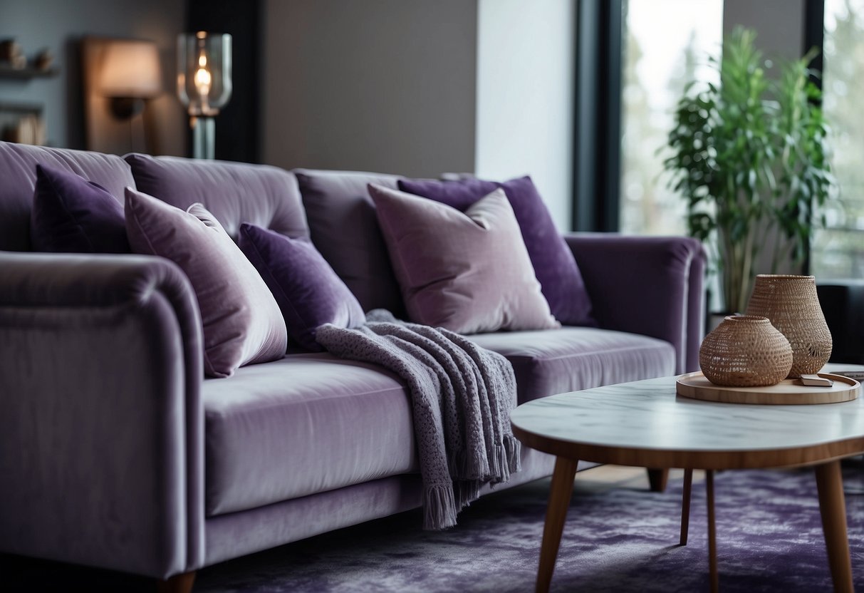 A lavender velvet sofa sits in a cozy living room, surrounded by purple and grey home decor accents