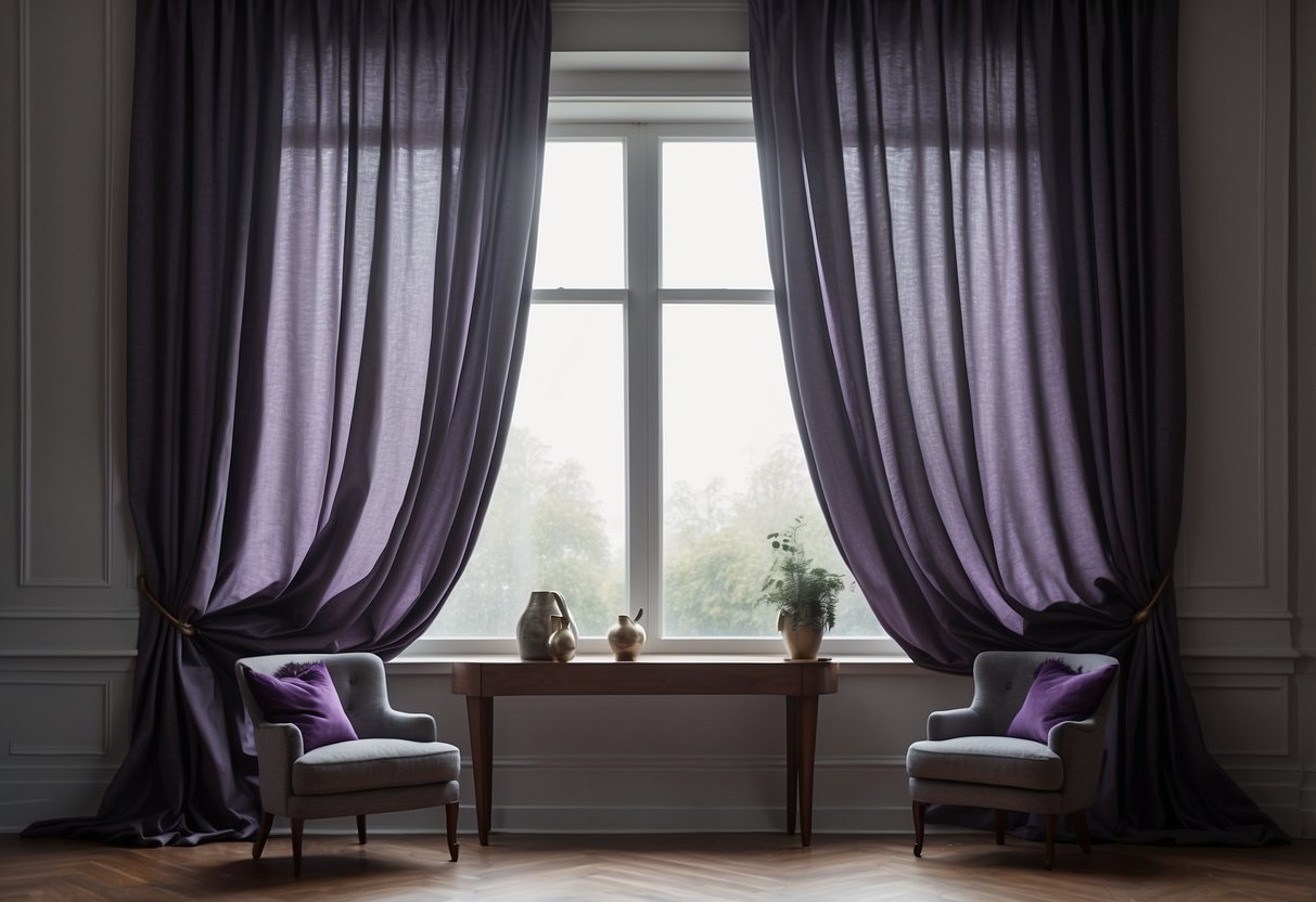 Smoky grey curtains drape over a window, complemented by purple and grey home decor accents