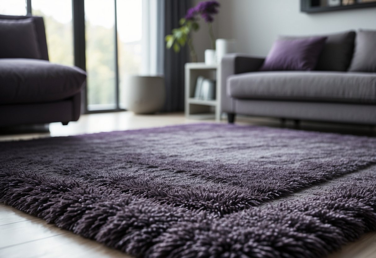 A slate grey area rug sits in a modern living room, accented with purple and grey home decor items