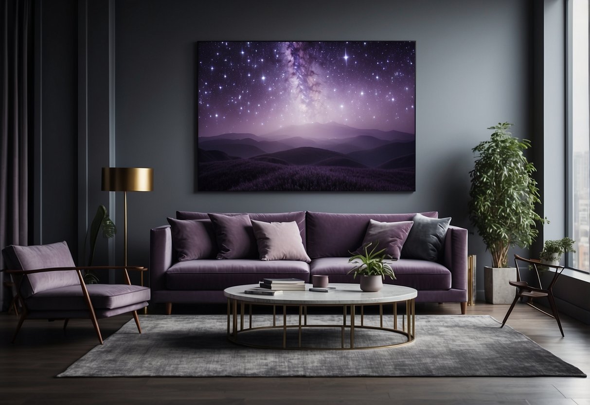 A modern living room with a large graphite wall art piece in shades of purple and grey, complementing the overall home decor