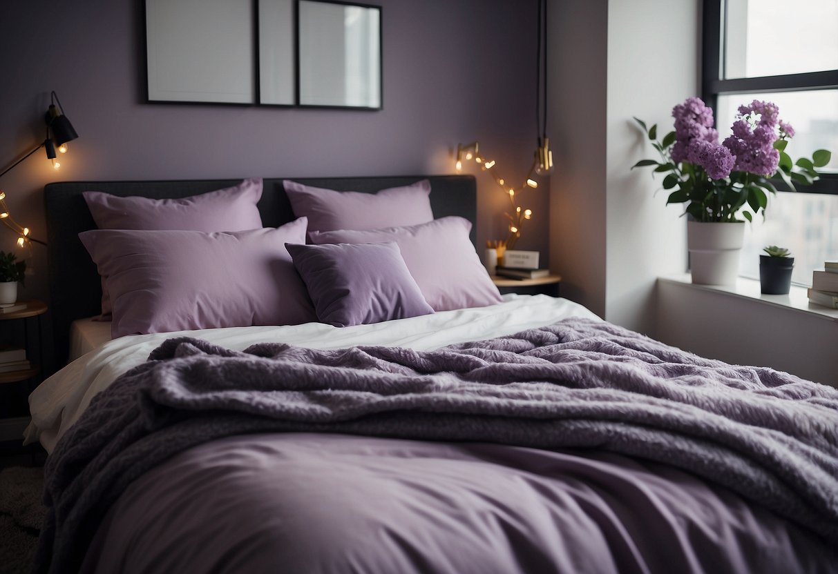 A cozy bedroom with a lilac bedspread, accented with purple and grey decor