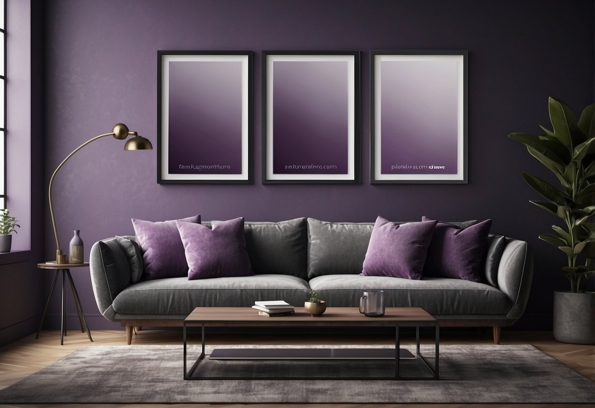 A modern living room with steel picture frames in shades of purple and grey, adding a sleek and elegant touch to the home decor