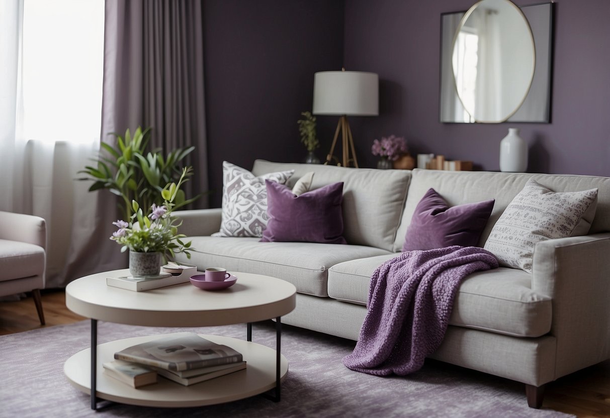 A cozy living room with purple and grey throw pillows on a neutral-colored sofa. A soft purple rug complements the grey curtains, creating a harmonious color scheme