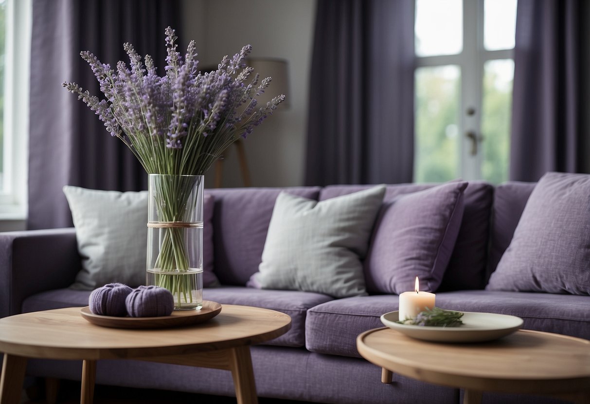 A cozy living room with purple and grey throw pillows, curtains, and rugs. A vase of lavender flowers sits on a side table