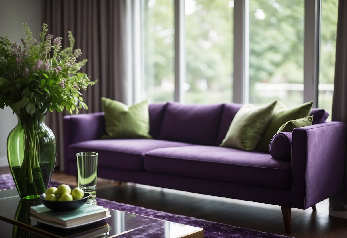 A living room with a purple couch, green accent pillows, and a matching rug. A purple vase with green flowers sits on a coffee table