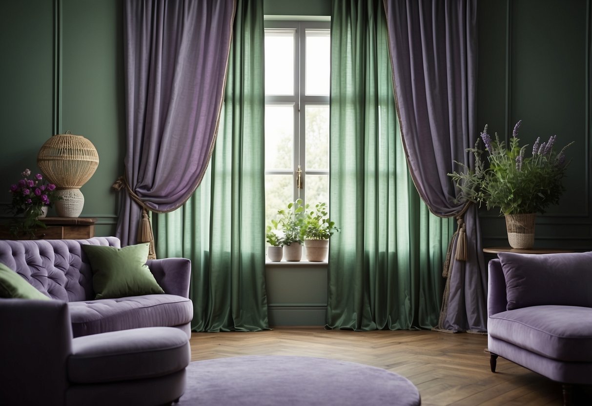 A room with lavender and sage silk curtains, creating a serene and elegant atmosphere with purple and green home decor accents