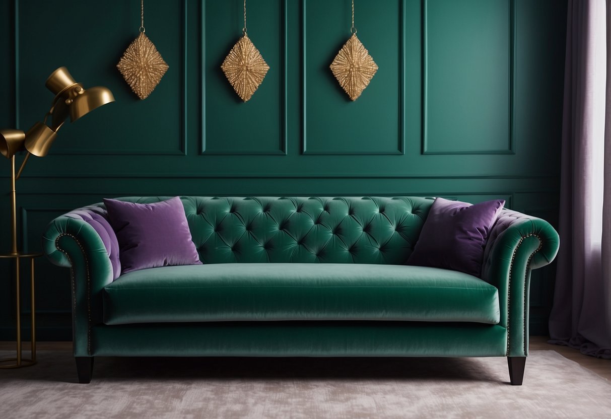 An emerald green velvet sofa sits in a room with purple and green decor accents