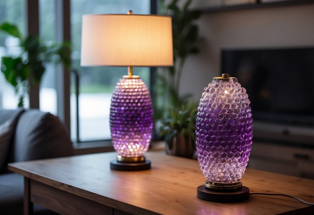 Two amethyst crystal table lamps on a wooden table, surrounded by purple and green home decor accents