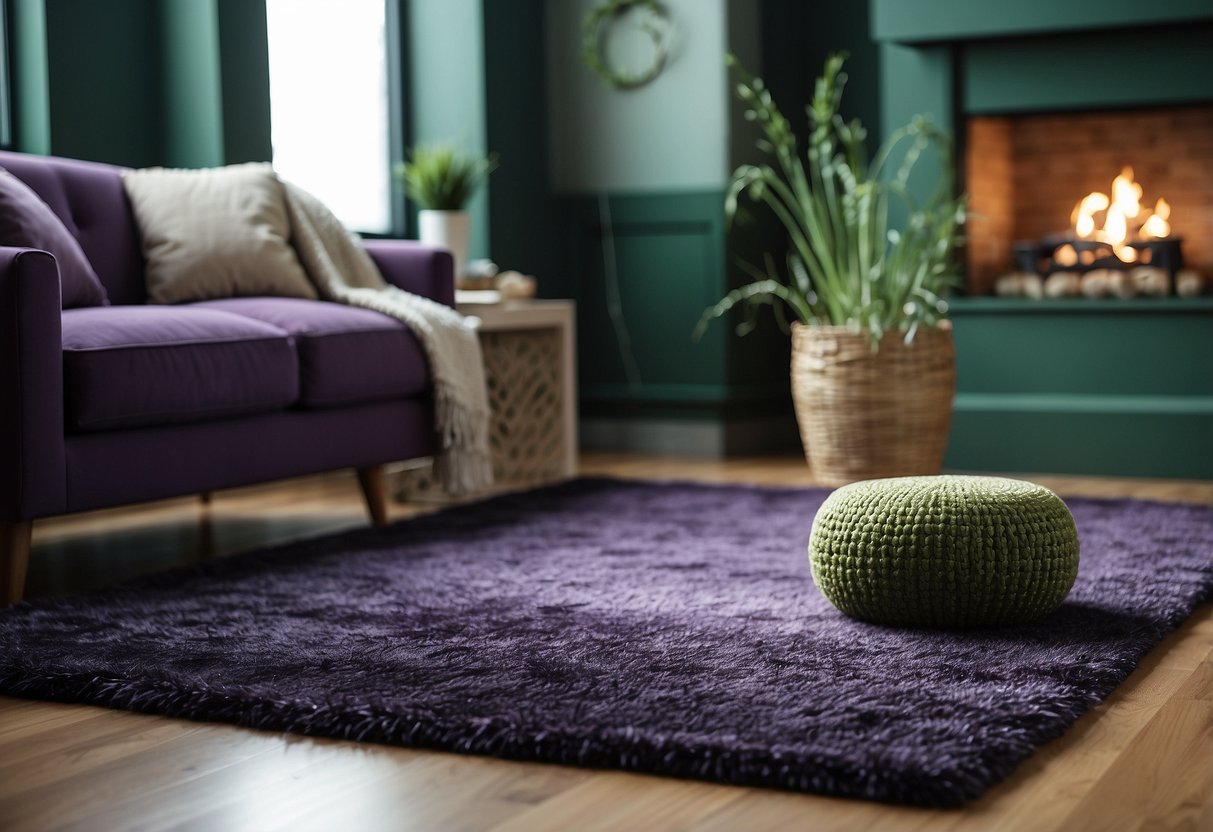 An olive green area rug sits in a room with purple and green decor