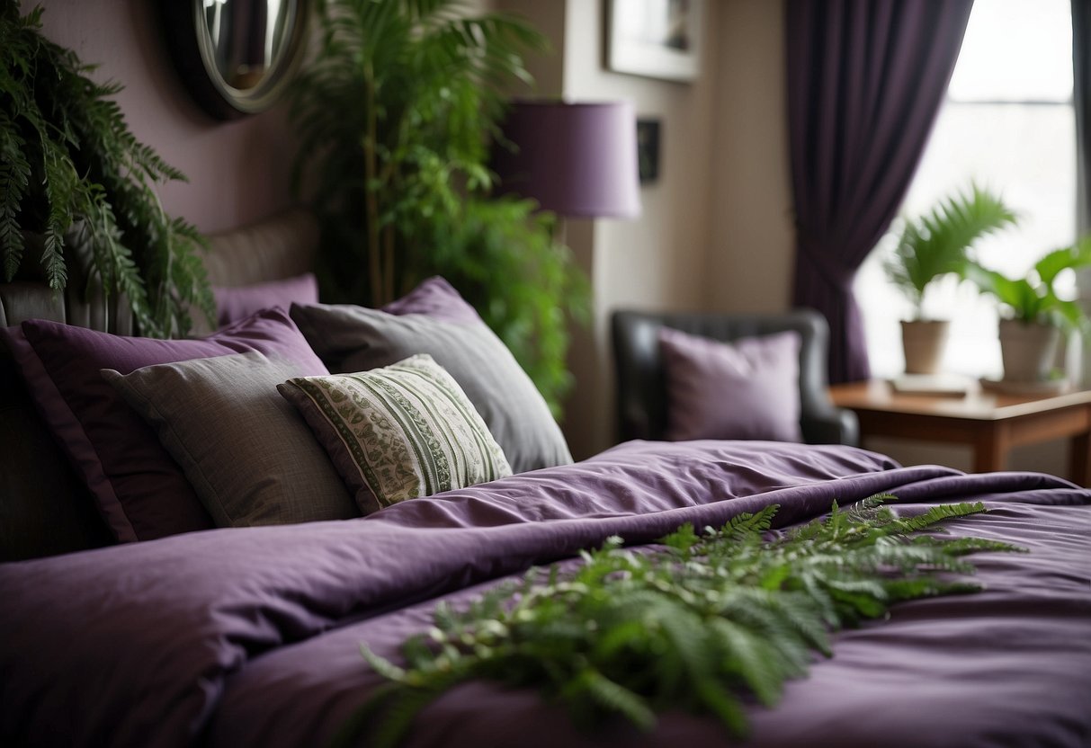 A cozy bed with a plum and fern bedspread set, adorned with purple and green home decor accents