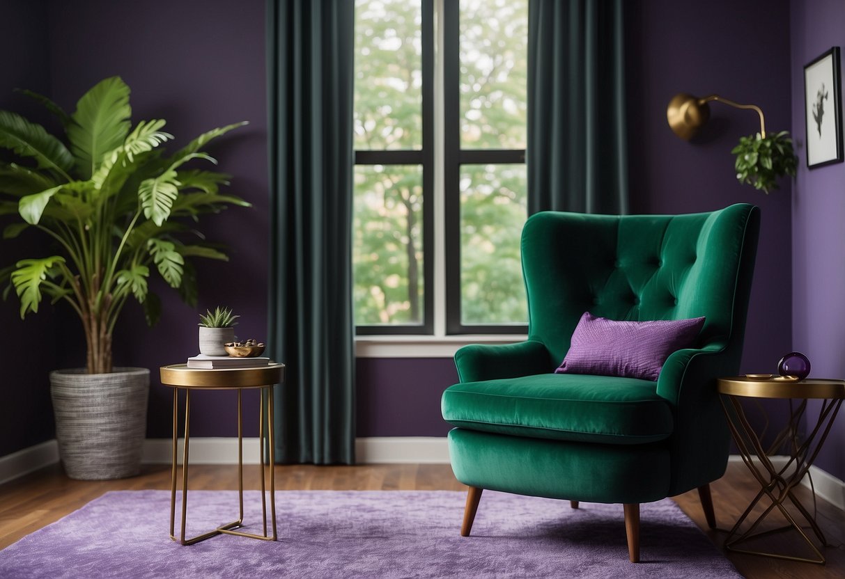 A Forest Green Accent Chair sits in a cozy living room with purple and green decor accents