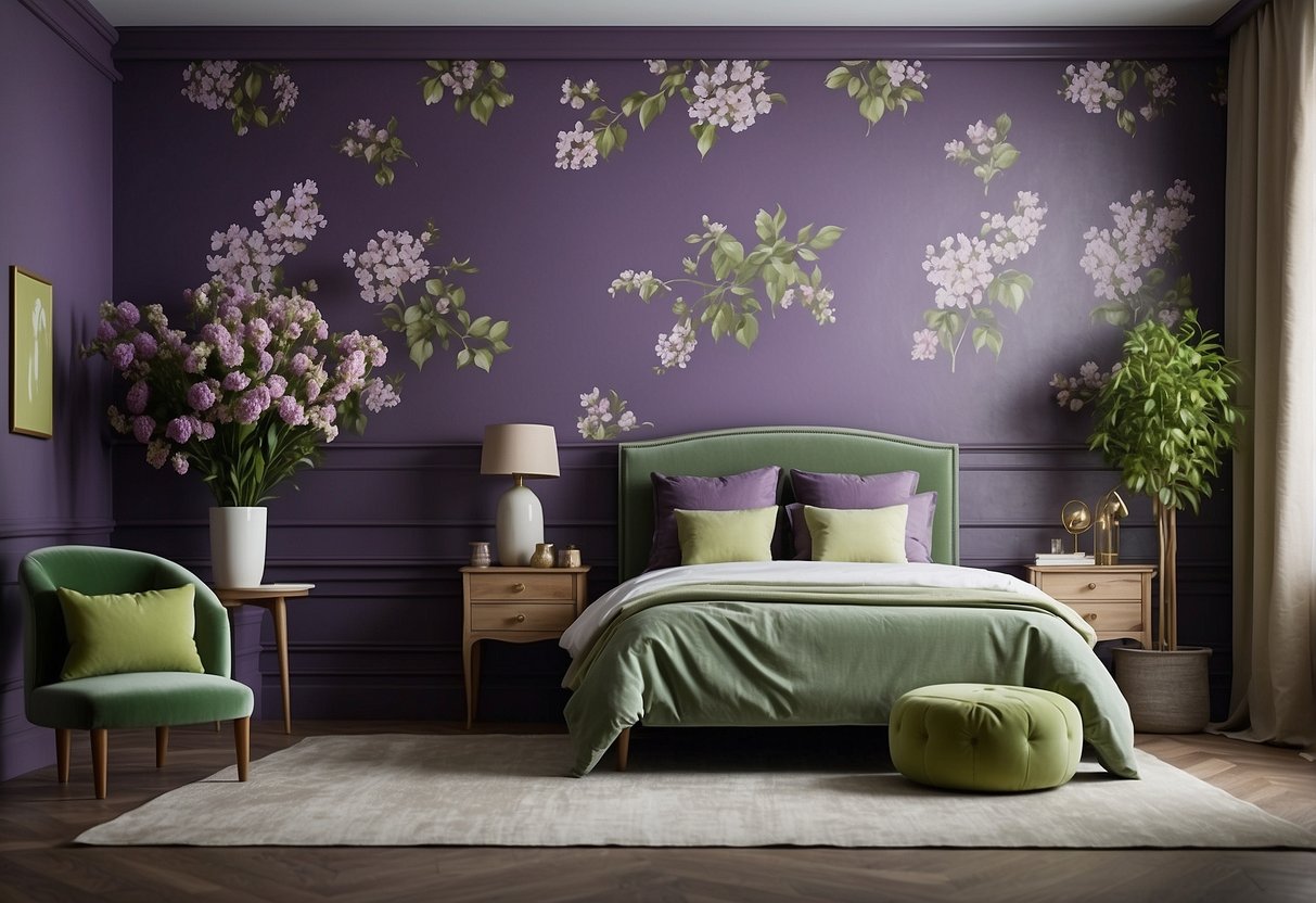 A room with lilac and lime floral wallpaper, featuring purple and green home decor accents