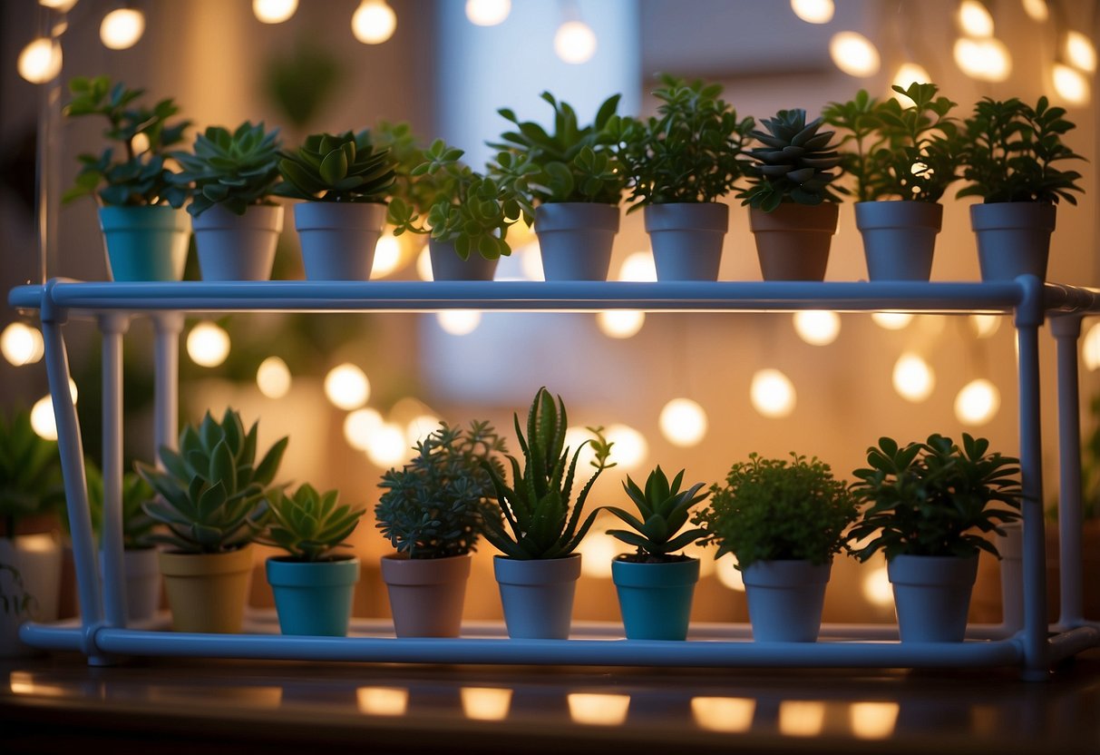 A table made of PVC pipes, adorned with potted plants and string lights. A bookshelf crafted from PVC pipes, displaying colorful vases and books