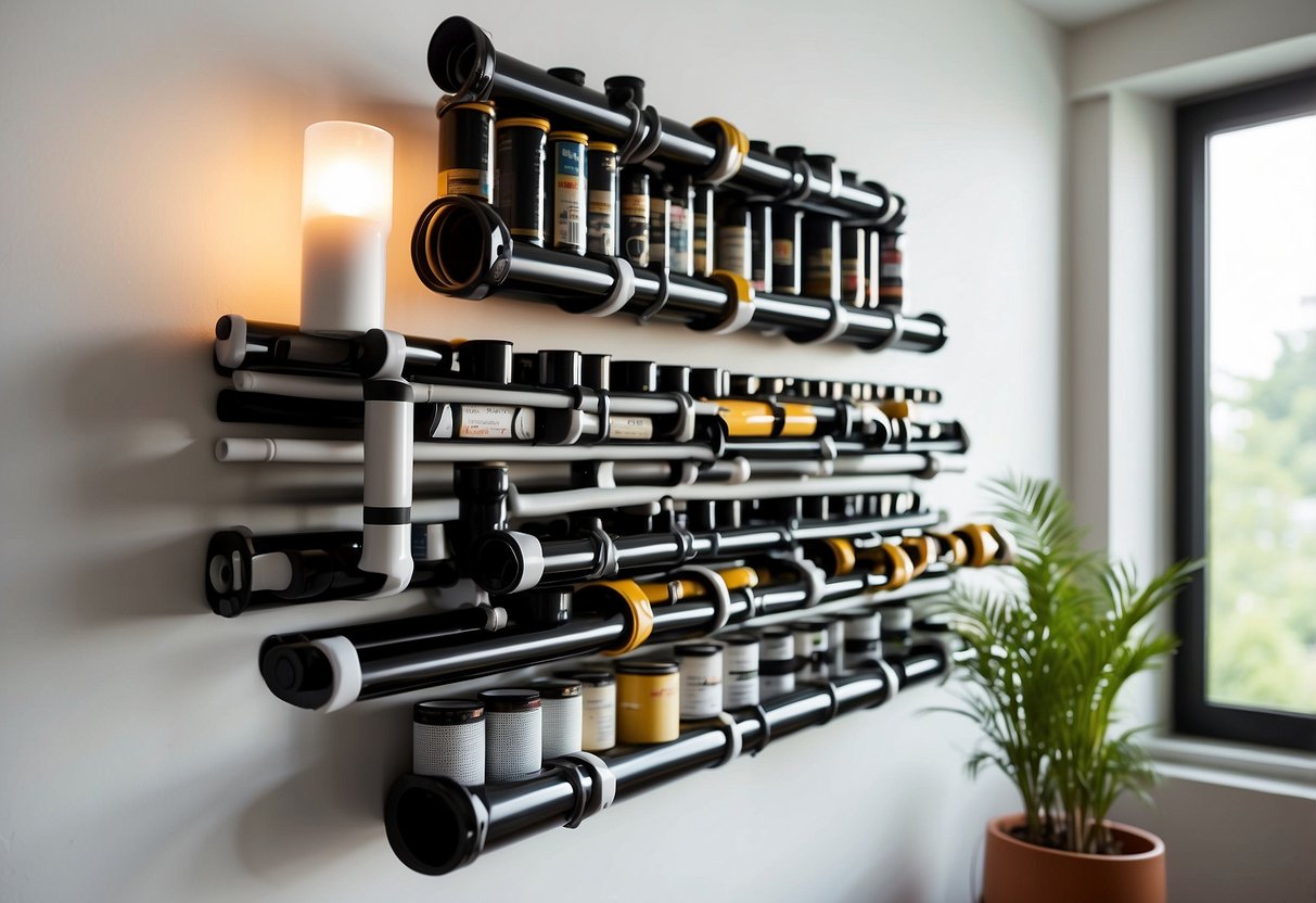 A PVC pipe bookshelf stands against a white wall, showcasing DIY home decor projects. The pipes are creatively arranged, displaying innovative ideas for PVC pipe usage