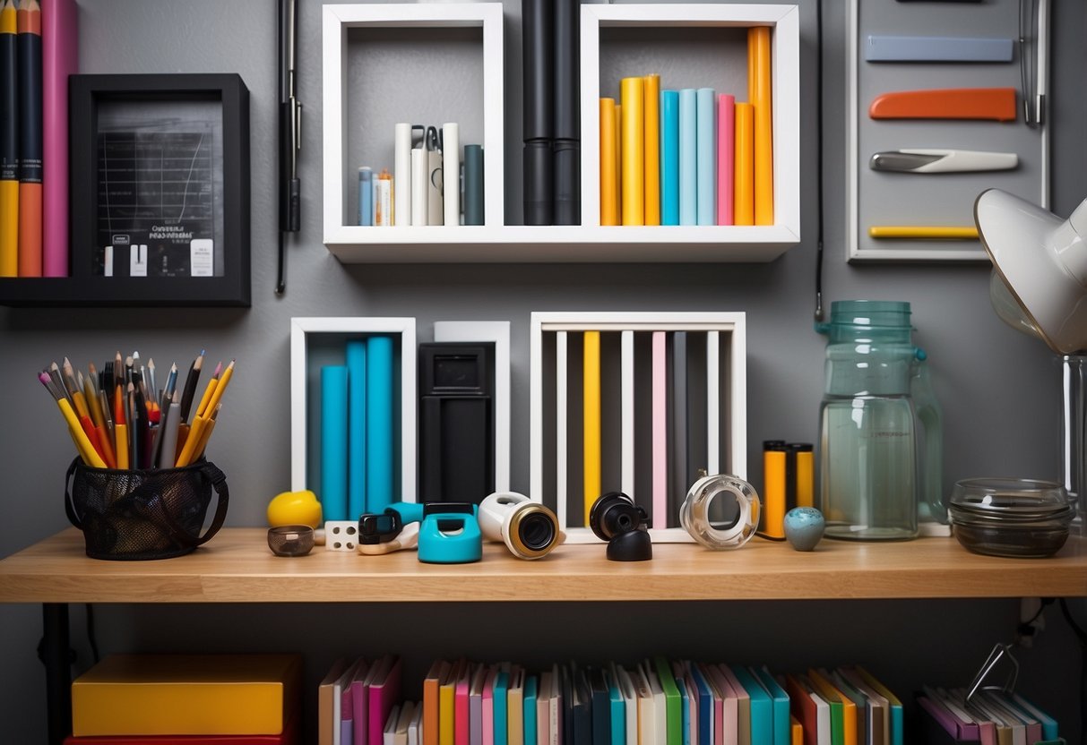 PVC pipe picture frames arranged on a wall with colorful photos inside, surrounded by craft supplies and tools