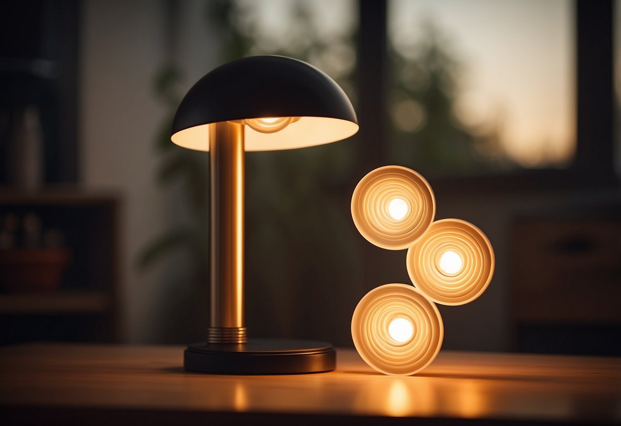 A PVC pipe lamp stands on a wooden table, casting a warm glow. The pipes are arranged in a minimalist design, creating an artistic and functional home decor piece