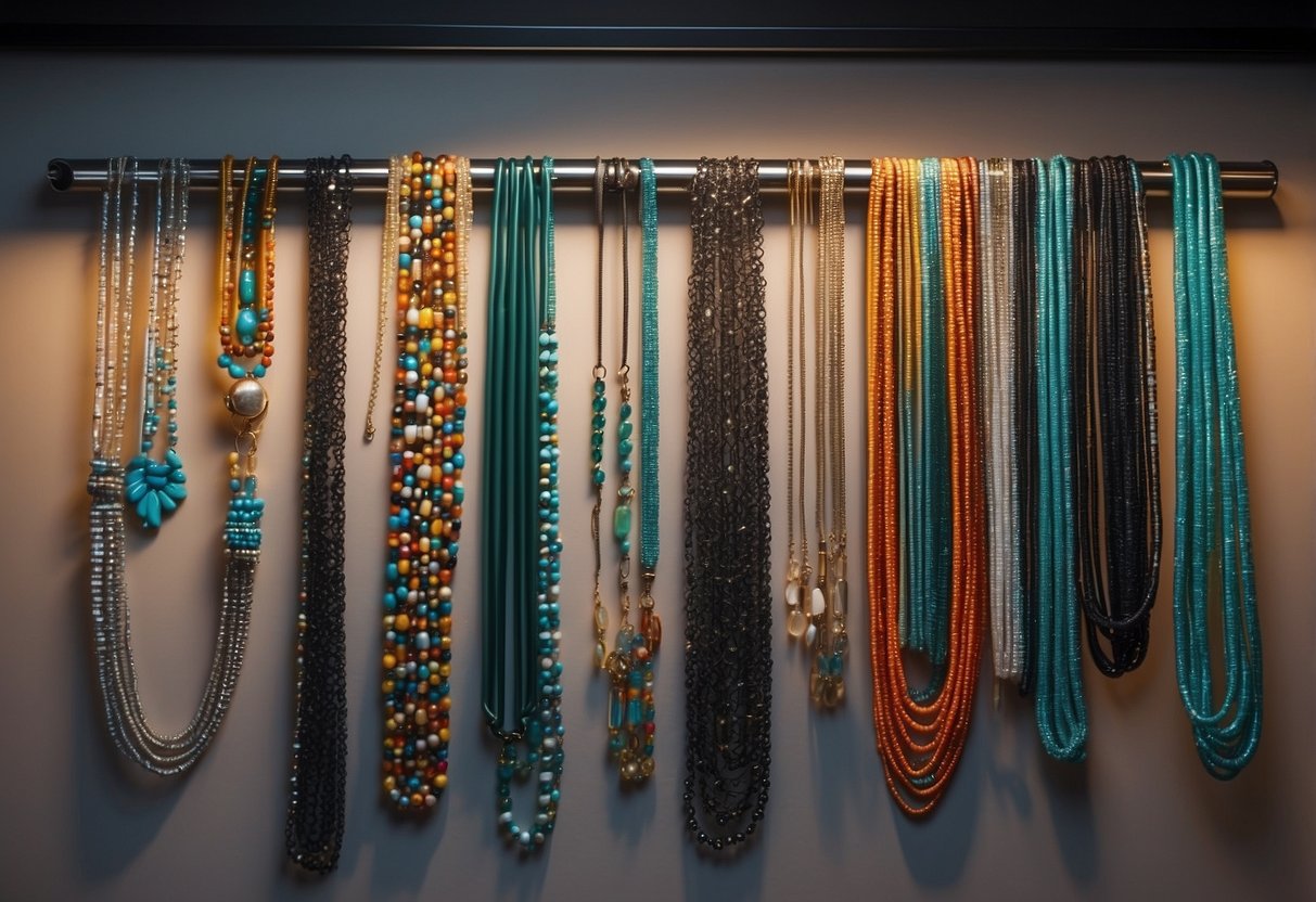 A PVC pipe jewelry holder hangs on a wall, showcasing colorful necklaces and bracelets. PVC pipes lay nearby, ready for DIY home decor projects