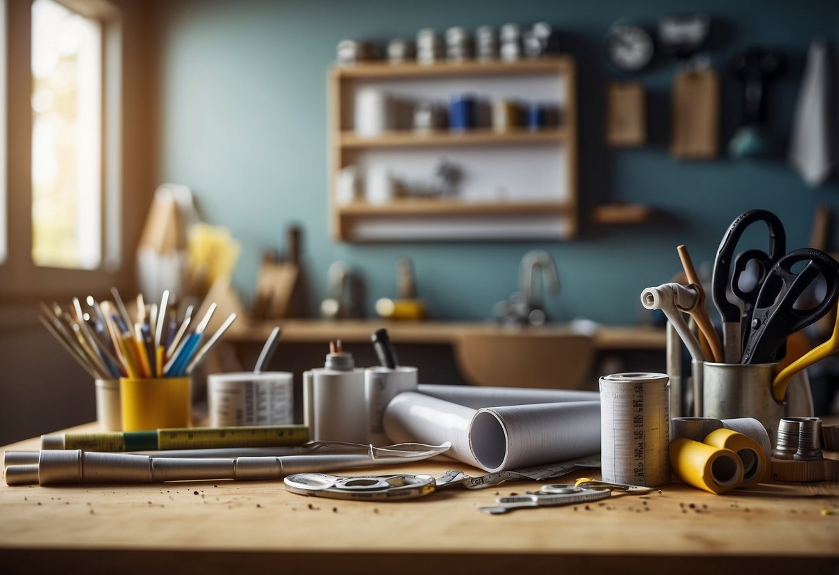 PVC pipes, saw, glue, paint, and measuring tape lay on a workbench. A sketch of a DIY home decor project hangs on the wall