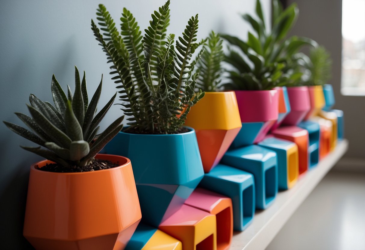 PVC pipes arranged in geometric shapes, painted in vibrant colors, and used as planters, shelves, and wall art in a modern and minimalist home decor setting