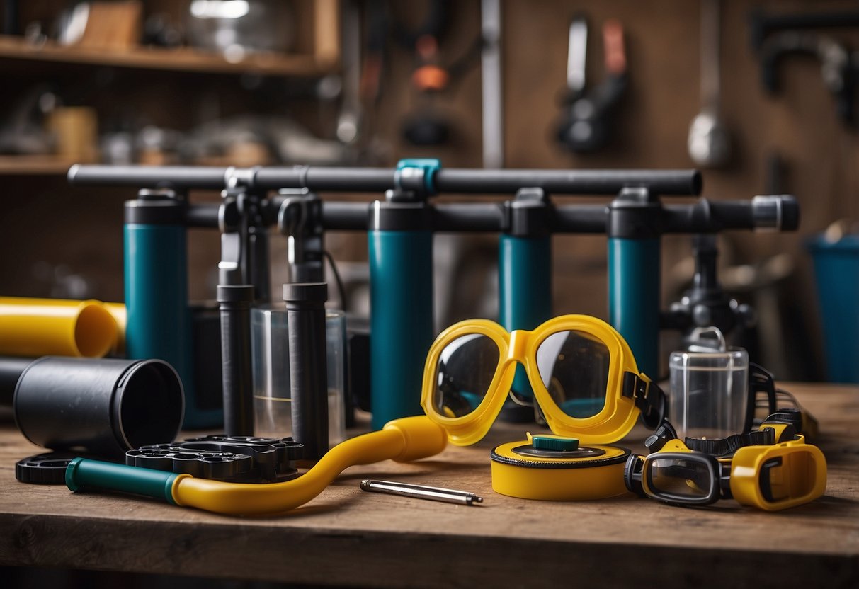 PVC pipes arranged on a workbench with safety goggles, gloves, and a measuring tape. A DIY project in progress with various tools and materials nearby