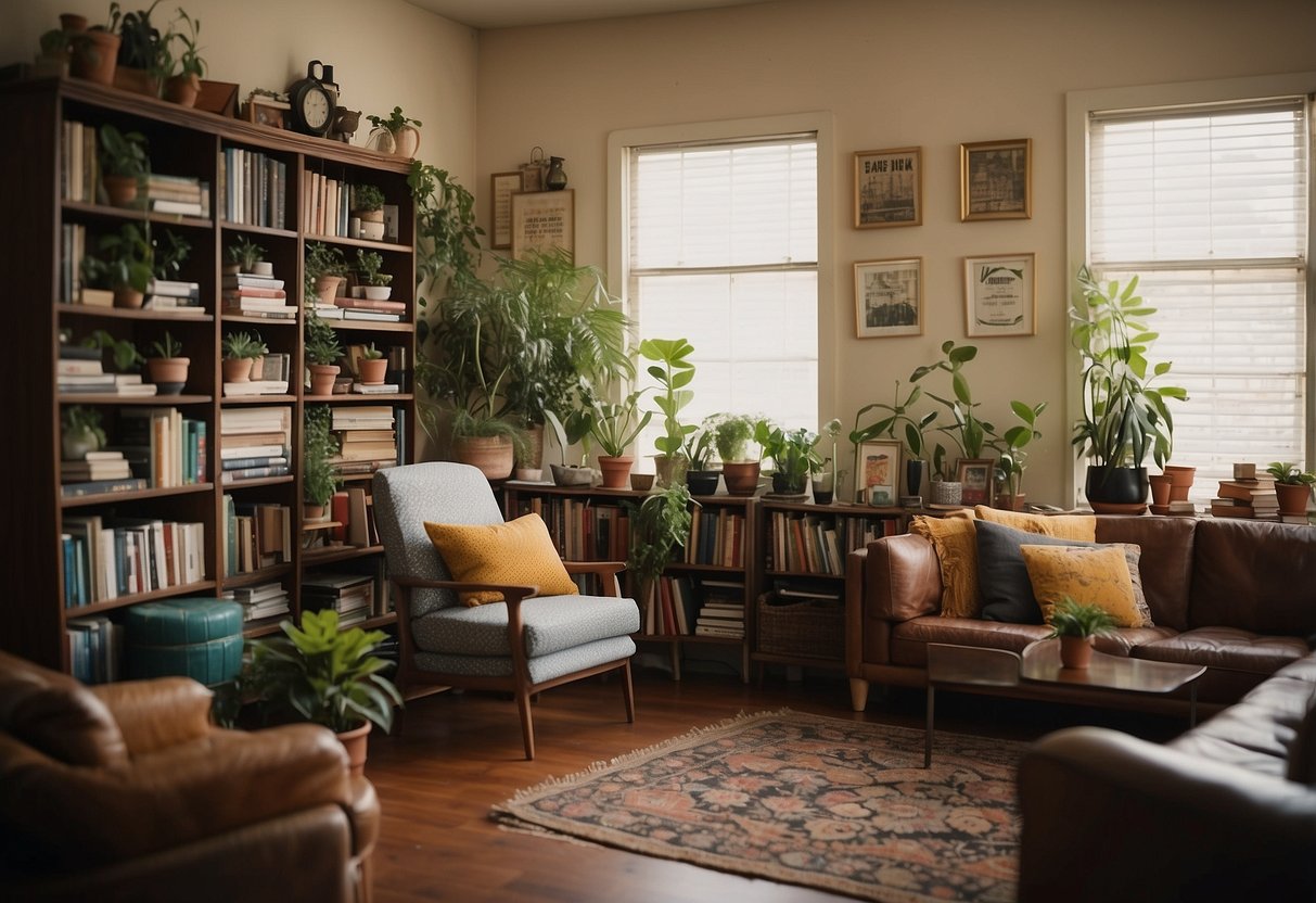 A living room with mismatched furniture, colorful throw pillows, and unique wall art. A bookshelf made of stacked vintage suitcases and a hanging plant display add to the quirky decor